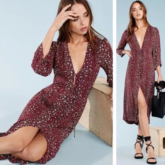 Reformation Bree Animal Print Burgundy Red Midi Dress (XS) - Picture 4 of 12